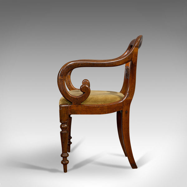 Antique Scroll Arm Chair, English, Mahogany, Buckle Back, Seat, William IV, 1835