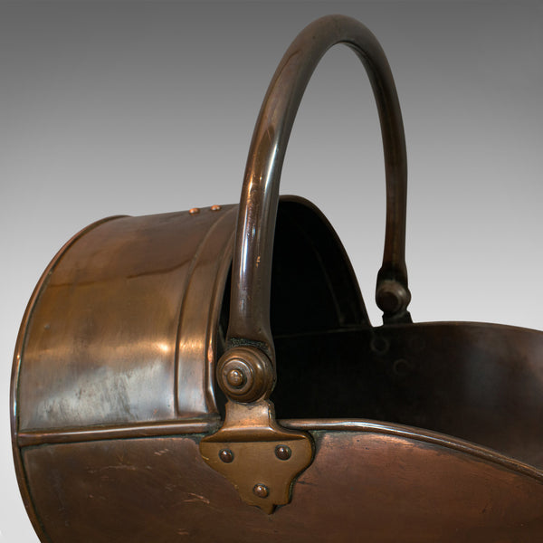 Antique Coal Scuttle, English, Copper, Brass, Fireside Bin, Victorian, C.1900