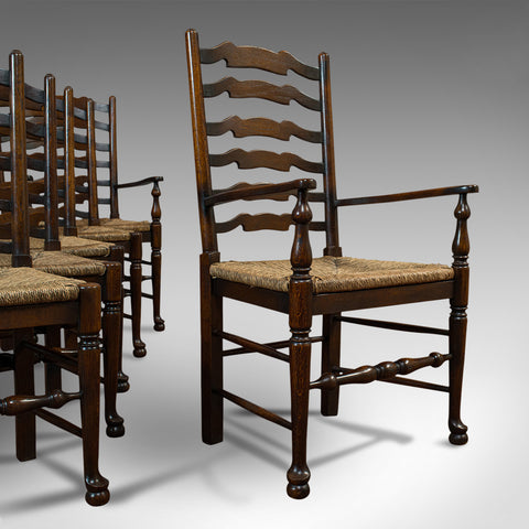 Set of 6, Antique Ladderback Dining Chairs, Oak, Rush Seat, Carver, Edwardian