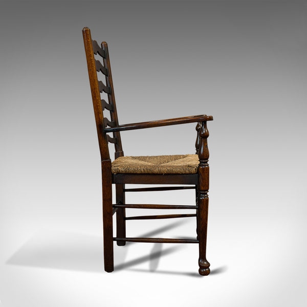 Set of 6, Antique Ladderback Dining Chairs, Oak, Rush Seat, Carver, Edwardian
