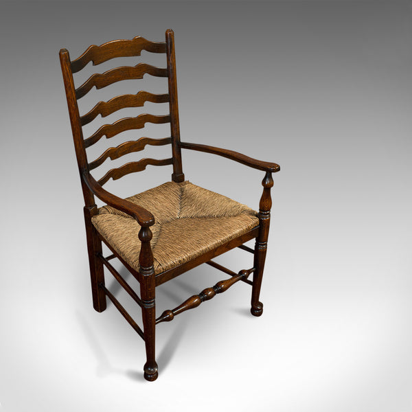 Set of 6, Antique Ladderback Dining Chairs, Oak, Rush Seat, Carver, Edwardian