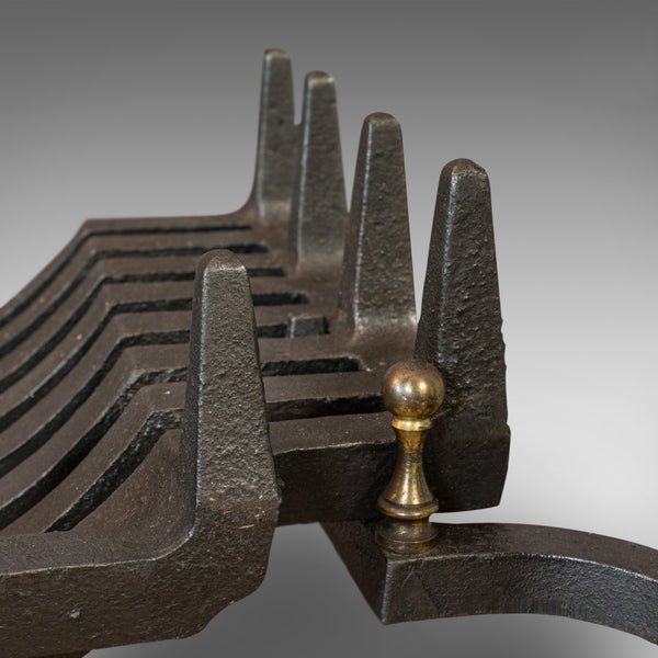 Vintage Fireplace, English, Cast Iron Fire Grate, Steel Andirons, Art Deco, 1940