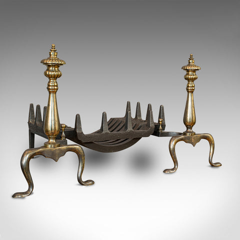 Vintage Fireplace, English, Cast Iron Fire Grate, Steel Andirons, Art Deco, 1940