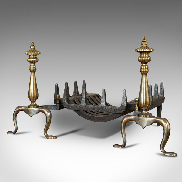 Vintage Fireplace, English, Cast Iron Fire Grate, Steel Andirons, Art Deco, 1940