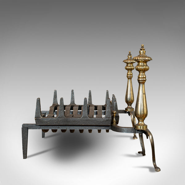Vintage Fireplace, English, Cast Iron Fire Grate, Steel Andirons, Art Deco, 1940