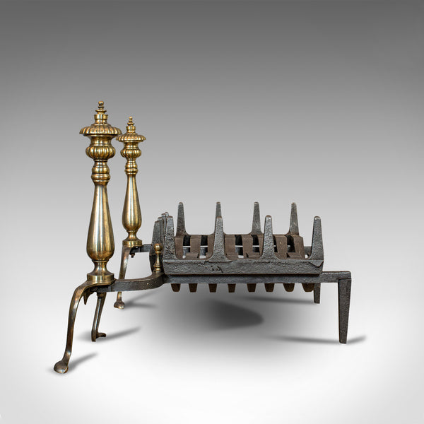 Vintage Fireplace, English, Cast Iron Fire Grate, Steel Andirons, Art Deco, 1940