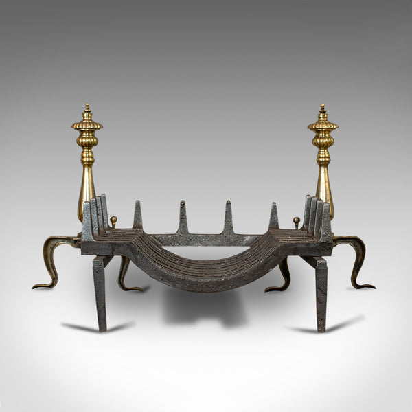 Vintage Fireplace, English, Cast Iron Fire Grate, Steel Andirons, Art Deco, 1940