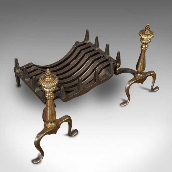 Vintage Fireplace, English, Cast Iron Fire Grate, Steel Andirons, Art Deco, 1940