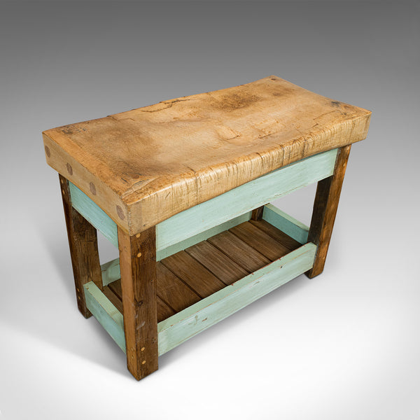 Antique Butcher's Block, English, Beech, Teak, Work Table, Kitchen Island, 1900