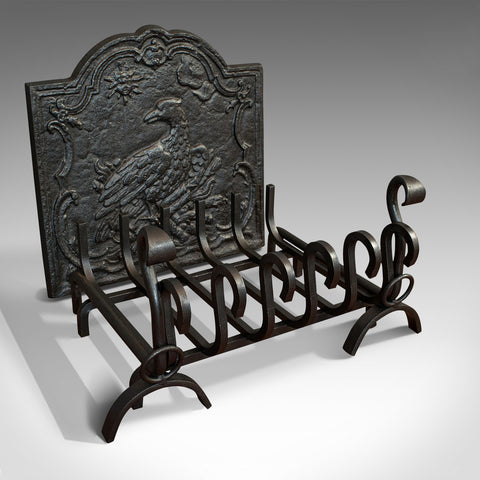 Antique Fireside Set, English, Fire Basket, Andirons, Back, Victorian, C.1900