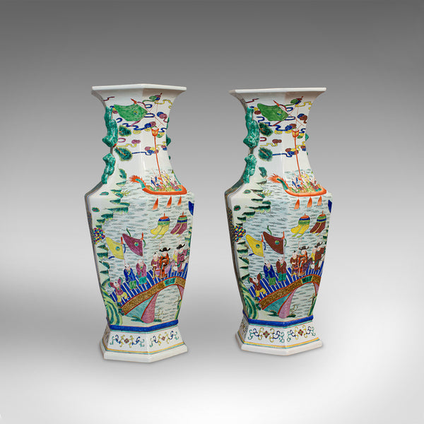 Very Large Pair, Antique Decorative Vases, Oriental, Ceramic, Urn, Circa 1900