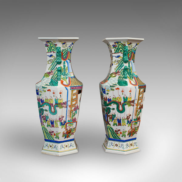 Very Large Pair, Antique Decorative Vases, Oriental, Ceramic, Urn, Circa 1900