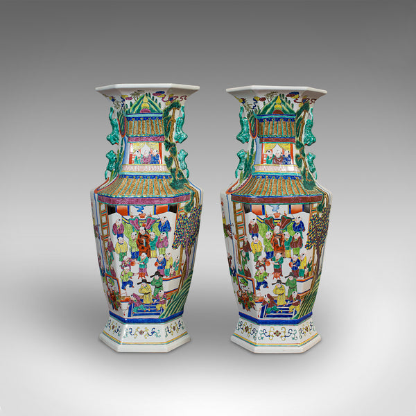 Very Large Pair, Antique Decorative Vases, Oriental, Ceramic, Urn, Circa 1900