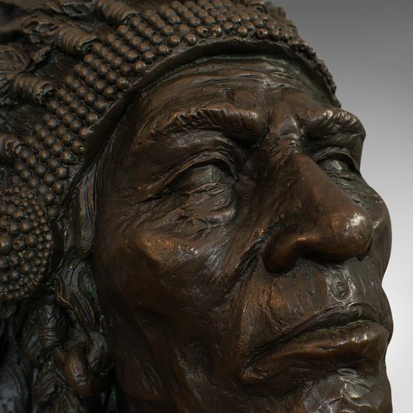 Large Vintage Native American Chief Bust, Bronze, Sculpture, Sioux, After Kauba