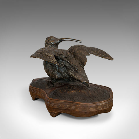 Antique, Curlew, Oriental, Bronze, Mahogany, Decorative, Small Bird, Circa 1900