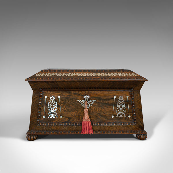 Ornate Antique Tea Caddy, English, Rosewood, Sarcophagus, Chest, Regency, C.1820