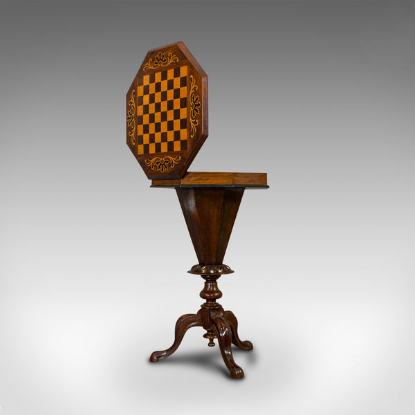 Antique Trumpet Shape Games Table, Walnut, Chess Board, Sewing, Victorian, 1890