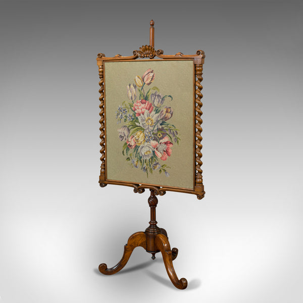 Antique Adjustable Fire Screen, Walnut, Needlepoint, Decorative, Pole, Regency