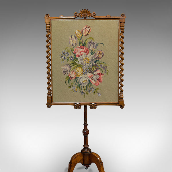 Antique Adjustable Fire Screen, Walnut, Needlepoint, Decorative, Pole, Regency