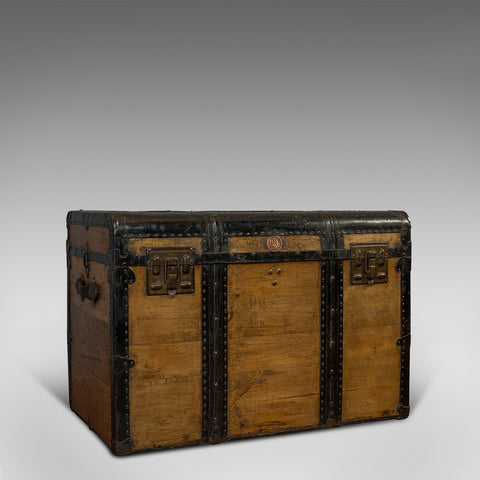 Large Antique Trunk, English, Pine, Carriage Chest, Steamer, Victorian, C.1900