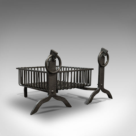 Antique Fireplace Set, English, Cast Iron, Fire Basket, Andirons, Victorian
