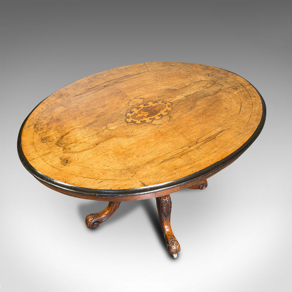 Antique Breakfast Table, English, Walnut, Mahogany, Tilt Top, Oval, Victorian