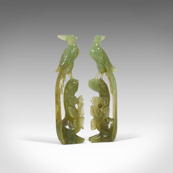 Pair of, Antique Carved Figures, Oriental, Jade, Bird of Paradise, Victorian