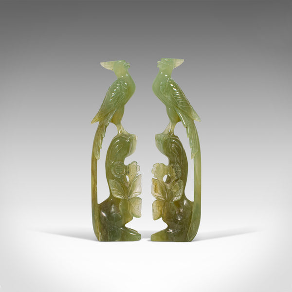 Pair of, Antique Carved Figures, Oriental, Jade, Bird of Paradise, Victorian