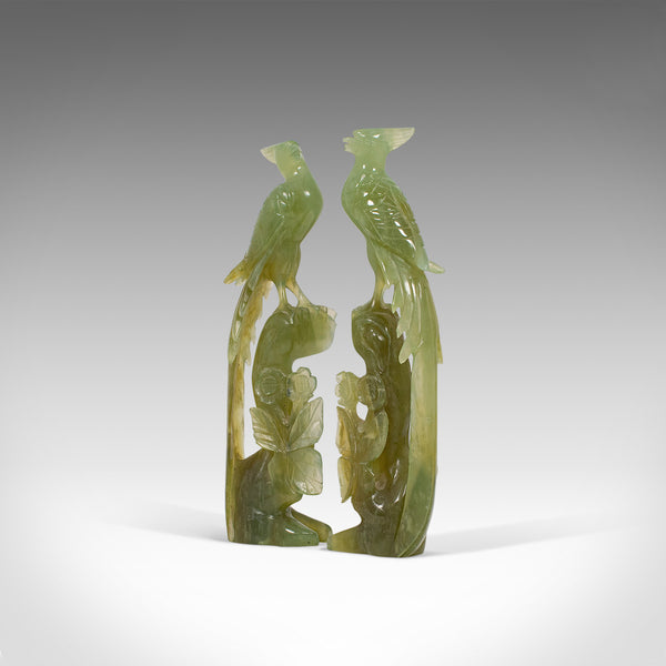 Pair of, Antique Carved Figures, Oriental, Jade, Bird of Paradise, Victorian