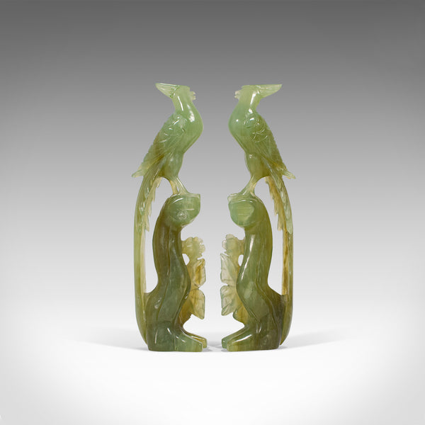Pair of, Antique Carved Figures, Oriental, Jade, Bird of Paradise, Victorian