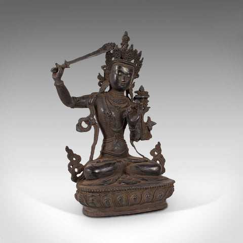 Tall Antique Manjushri Statue, Oriental, Bronze Figure, Seated Deity, Circa 1900