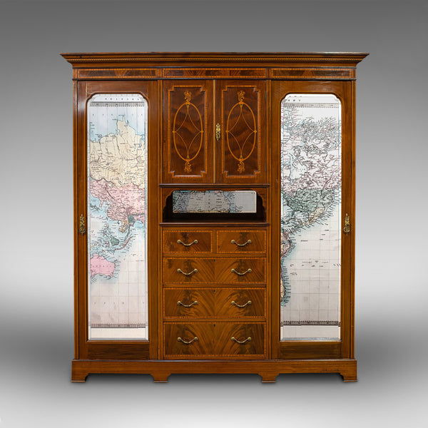 Antique Gentleman's Triple Wardrobe, English, Mahogany, Cabinet, Victorian, 1880