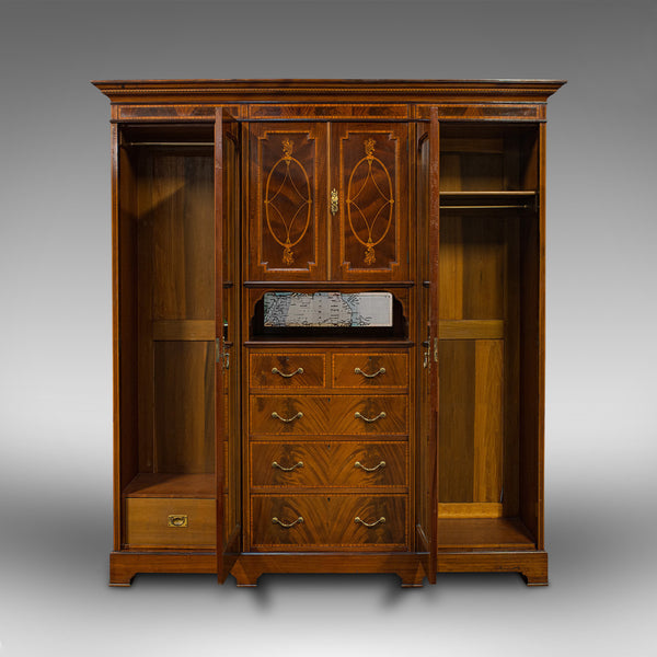 Antique Gentleman's Triple Wardrobe, English, Mahogany, Cabinet, Victorian, 1880