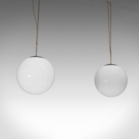 Large Pair, Vintage Opaline Hanging Lamps, Milk Glass, Ceiling Light, Industrial