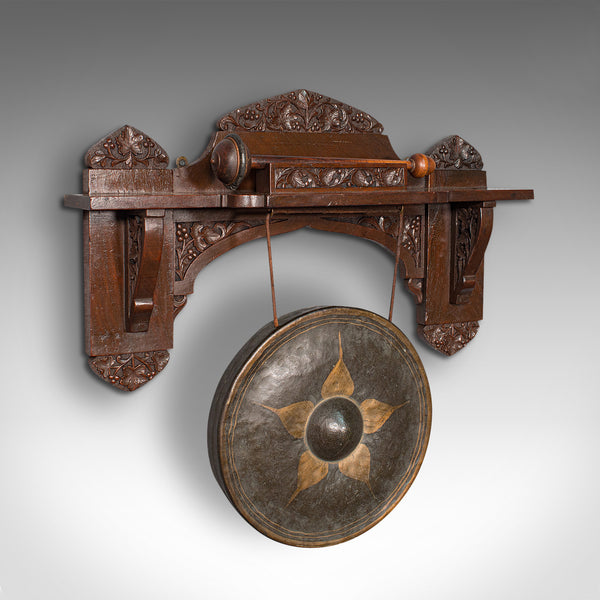 Antique Wall Gong, Indian, Oak, Dinner, Ceremonial Monastery Chime, Circa 1900