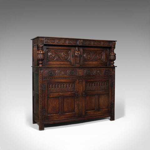 Antique Court Cabinet, English, Oak, Sideboard, Credenza, Jacobean Revival, 1890