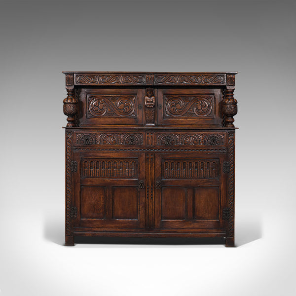 Antique Court Cabinet, English, Oak, Sideboard, Credenza, Jacobean Revival, 1890