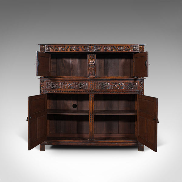 Antique Court Cabinet, English, Oak, Sideboard, Credenza, Jacobean Revival, 1890