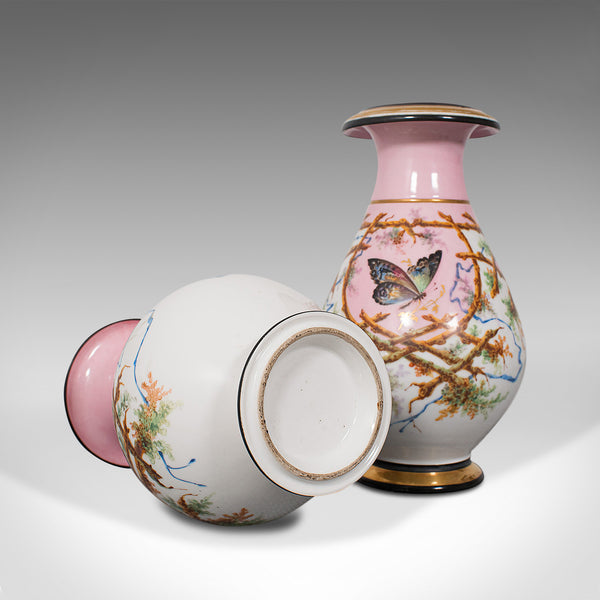 Antique Pair of Peony Vases, French, Decorative Ceramic Urn, Victorian, C.1890