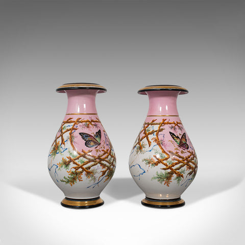 Antique Pair of Peony Vases, French, Decorative Ceramic Urn, Victorian, C.1890