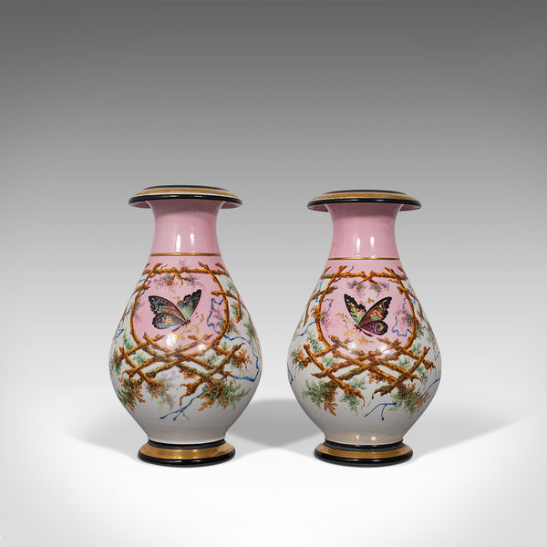 Antique Pair of Peony Vases, French, Decorative Ceramic Urn, Victorian, C.1890