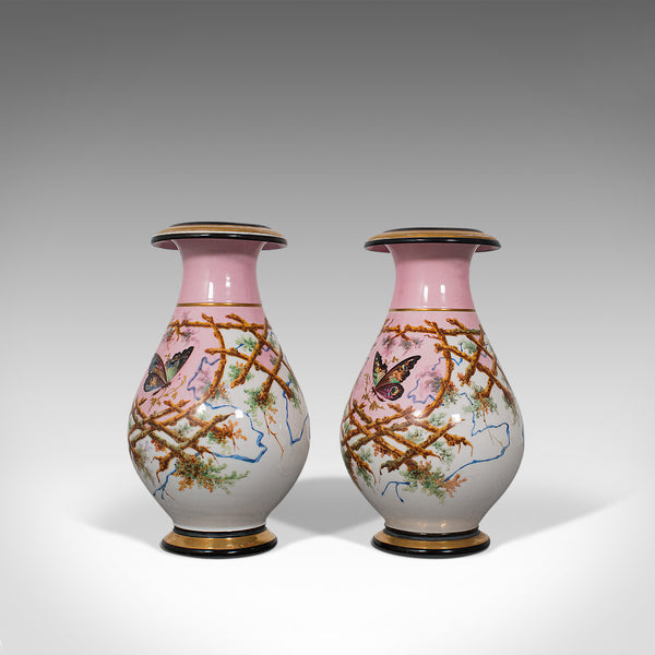 Antique Pair of Peony Vases, French, Decorative Ceramic Urn, Victorian, C.1890