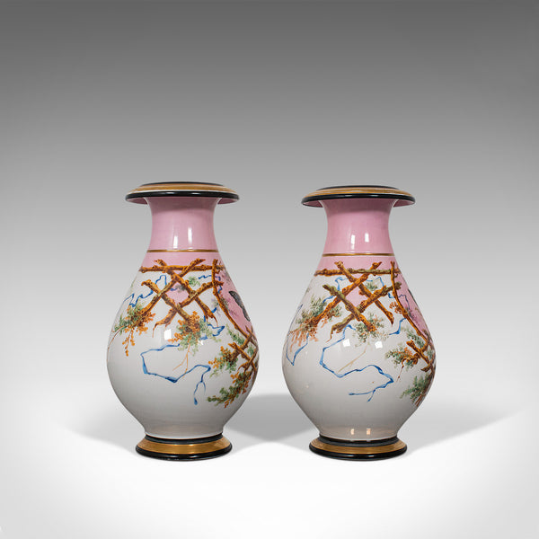 Antique Pair of Peony Vases, French, Decorative Ceramic Urn, Victorian, C.1890