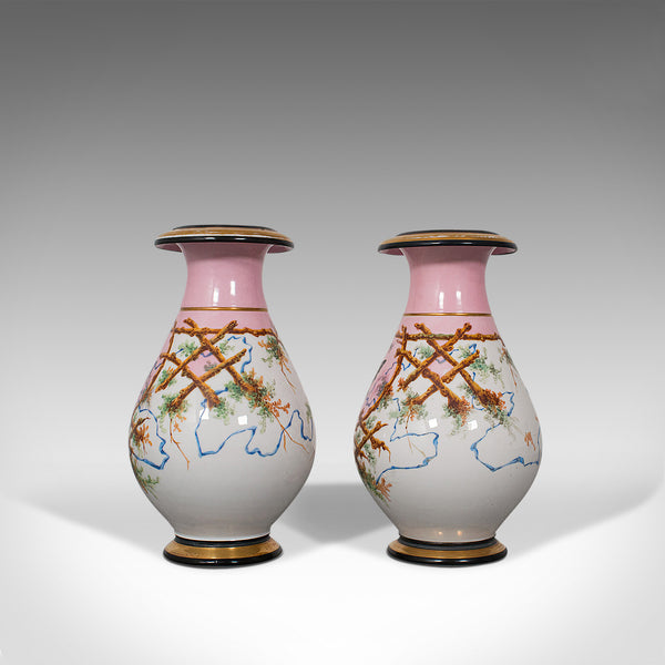 Antique Pair of Peony Vases, French, Decorative Ceramic Urn, Victorian, C.1890