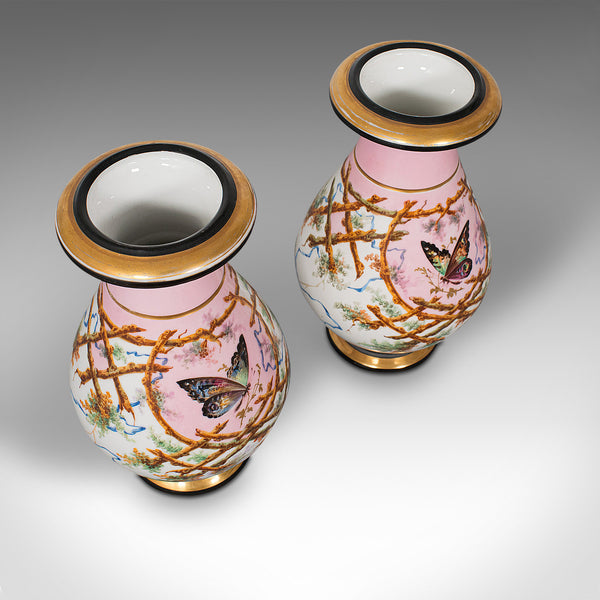 Antique Pair of Peony Vases, French, Decorative Ceramic Urn, Victorian, C.1890