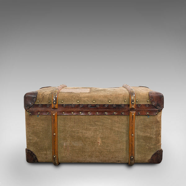 Antique Steamer Trunk, English, Canvas, Leather, Travel Chest, Edwardian, C.1910