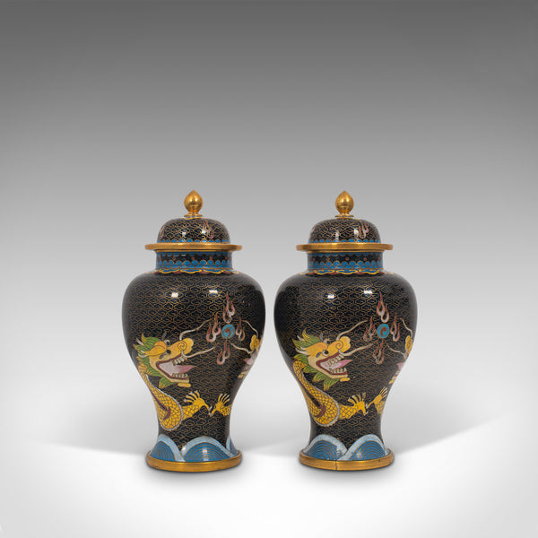 Pair Of, Antique Decorative Spice Jars, Chinese, Cloisonne, Baluster Urn, C.1900