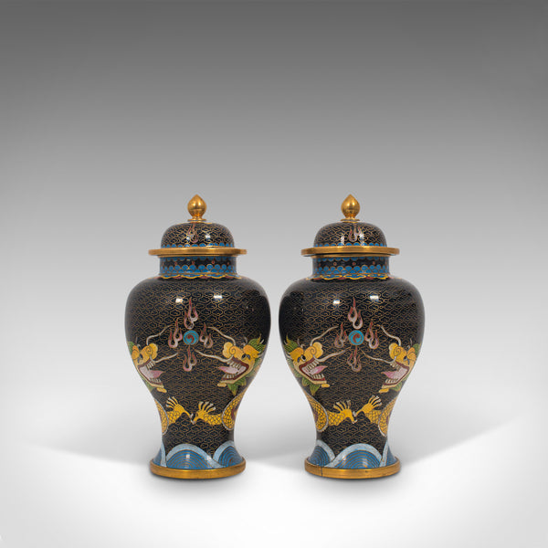 Pair Of, Antique Decorative Spice Jars, Chinese, Cloisonne, Baluster Urn, C.1900