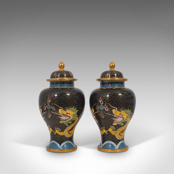 Pair Of, Antique Decorative Spice Jars, Chinese, Cloisonne, Baluster Urn, C.1900