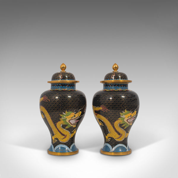 Pair Of, Antique Decorative Spice Jars, Chinese, Cloisonne, Baluster Urn, C.1900